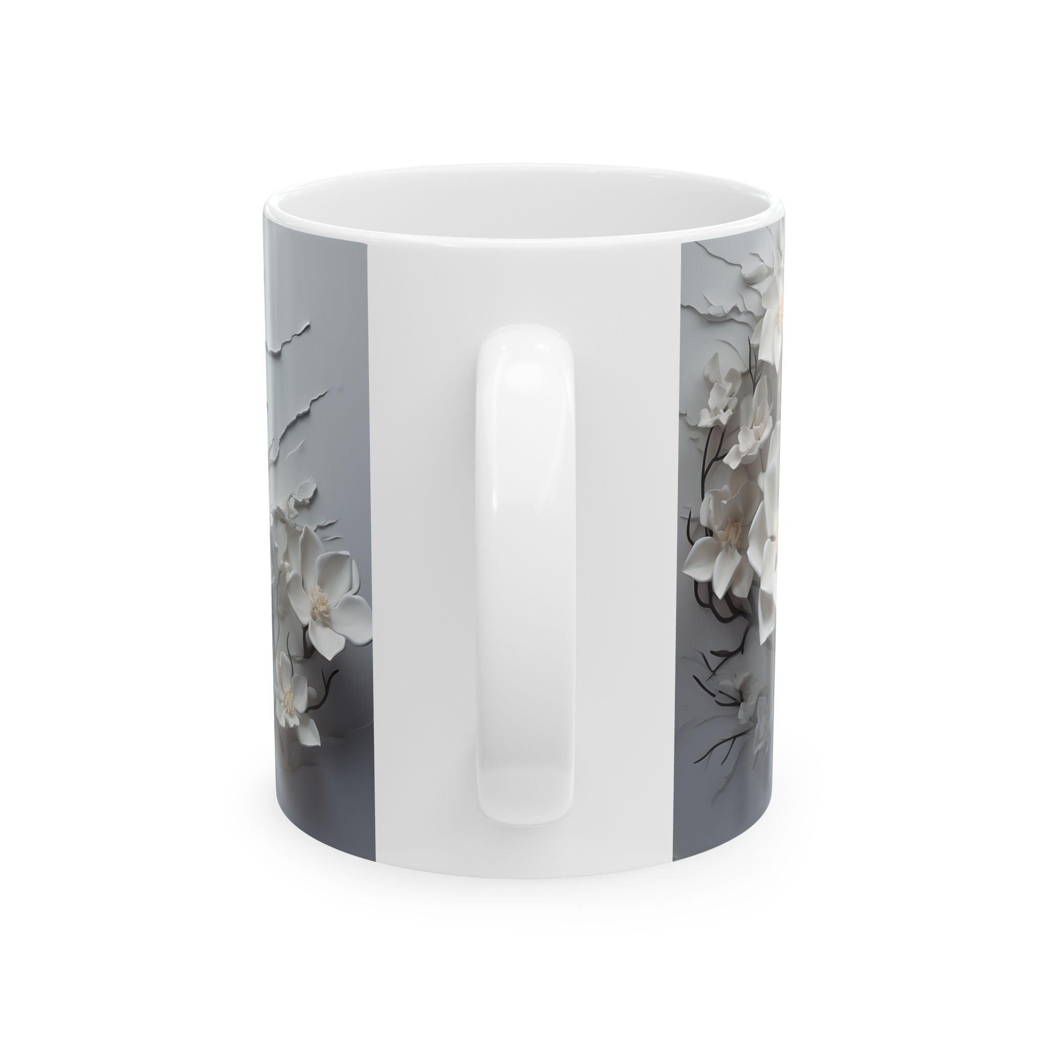 Misty Cityscape Mug: White Floral Art