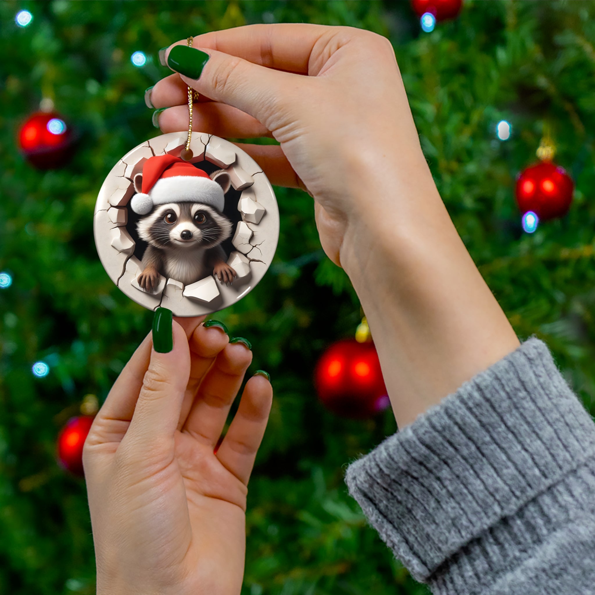 Santa Raccoon Christmas Ornament