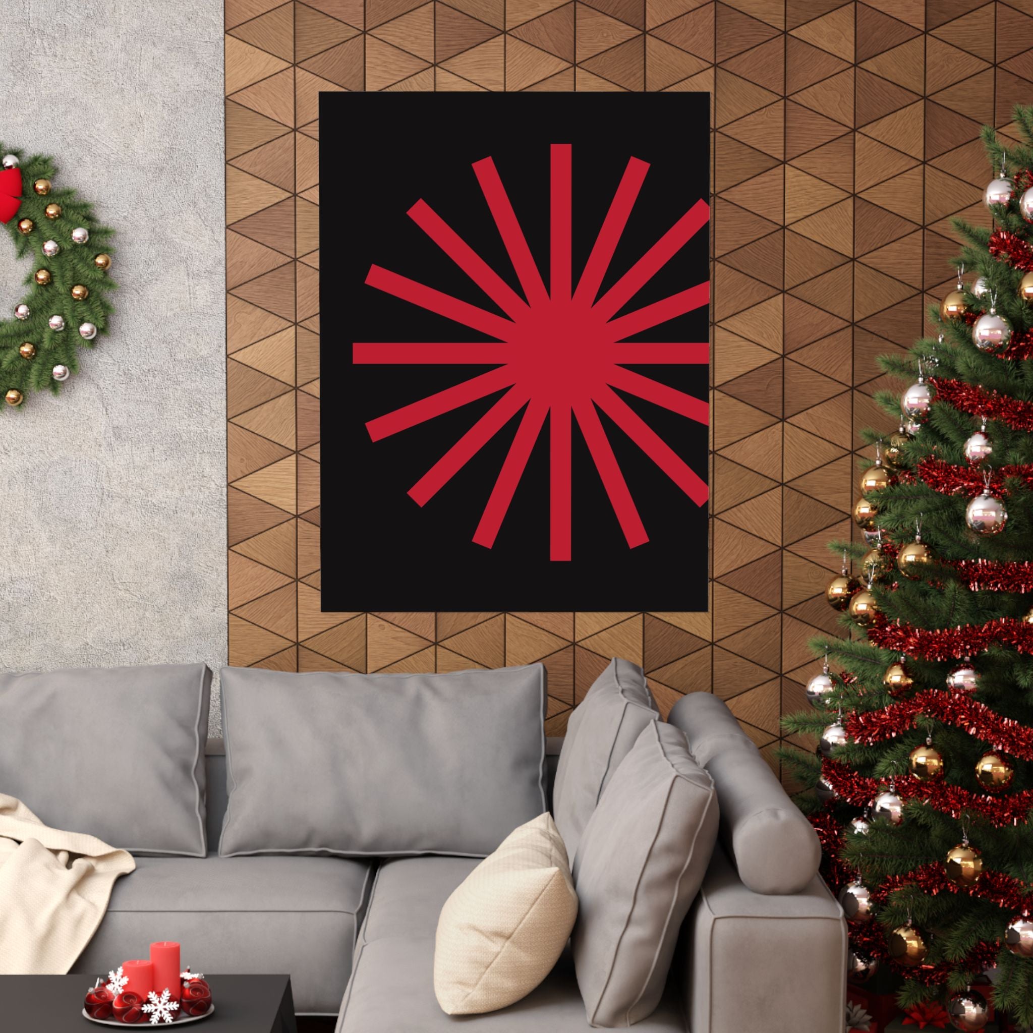 Crimson Sunburst Geometric Art Poster