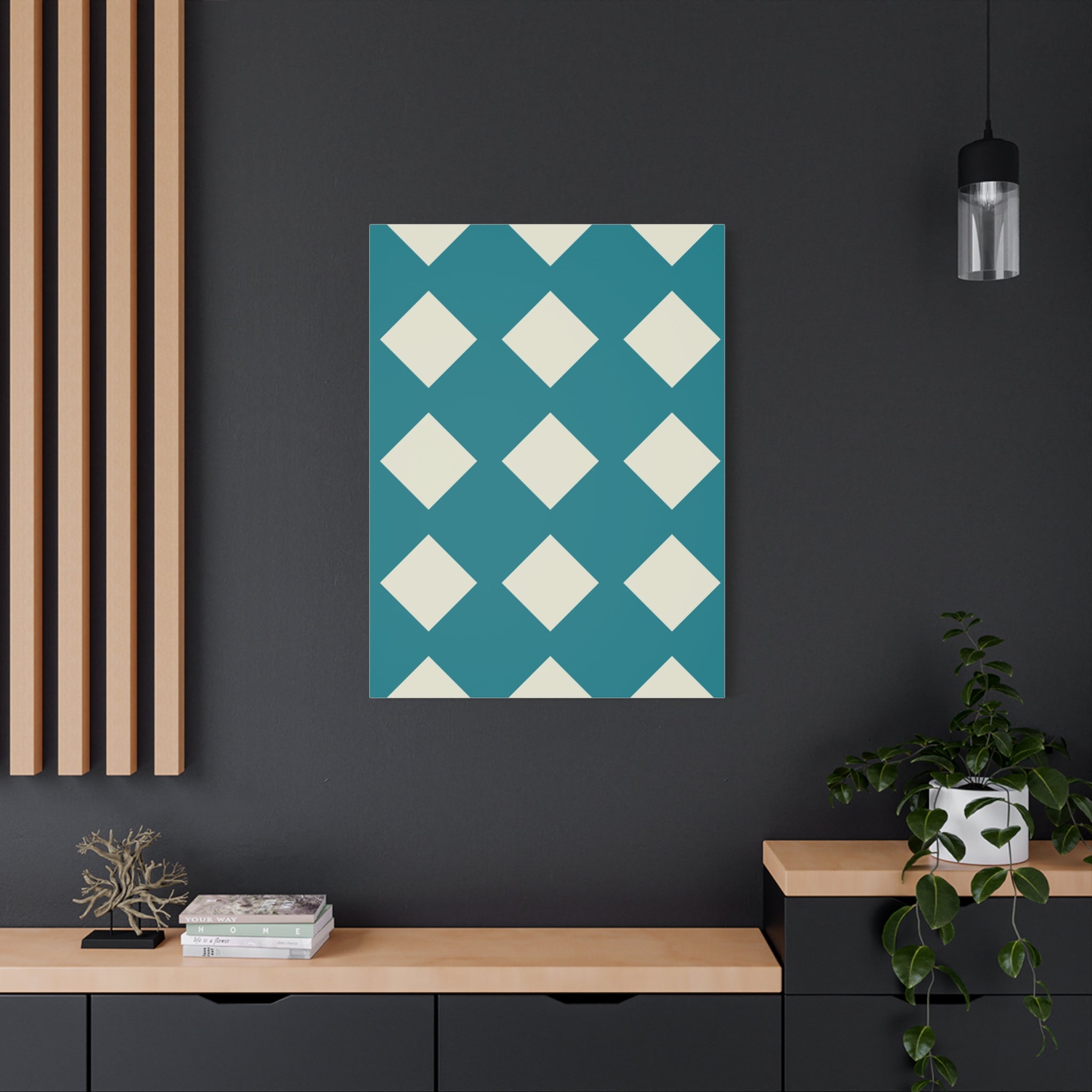 Teal & Cream Diamond Geometric Canvas Art