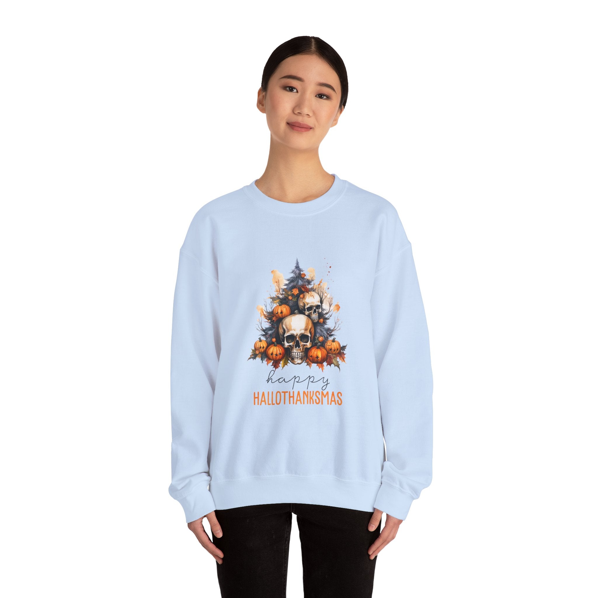 Hallothanksmas Sweatshirt: Skulls & Pumpkins