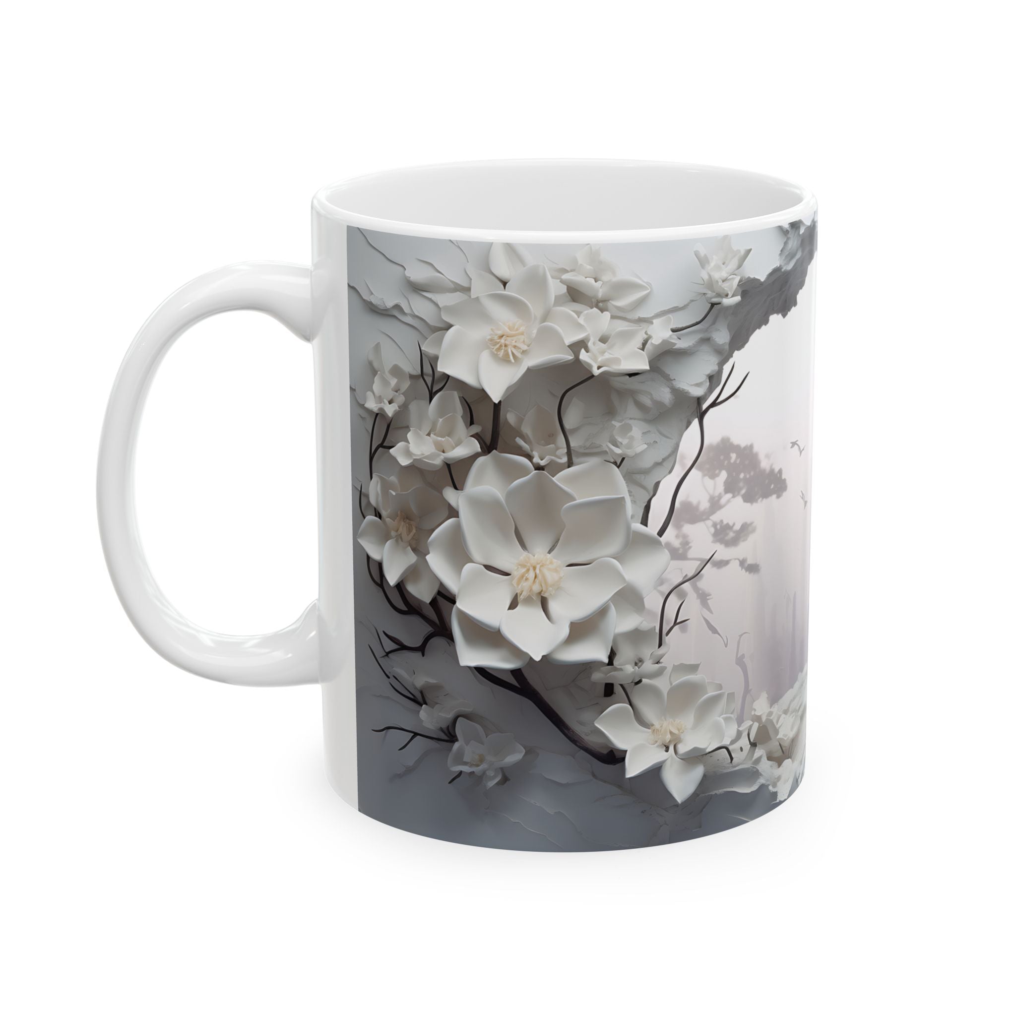 Misty Cityscape Mug: White Floral Art