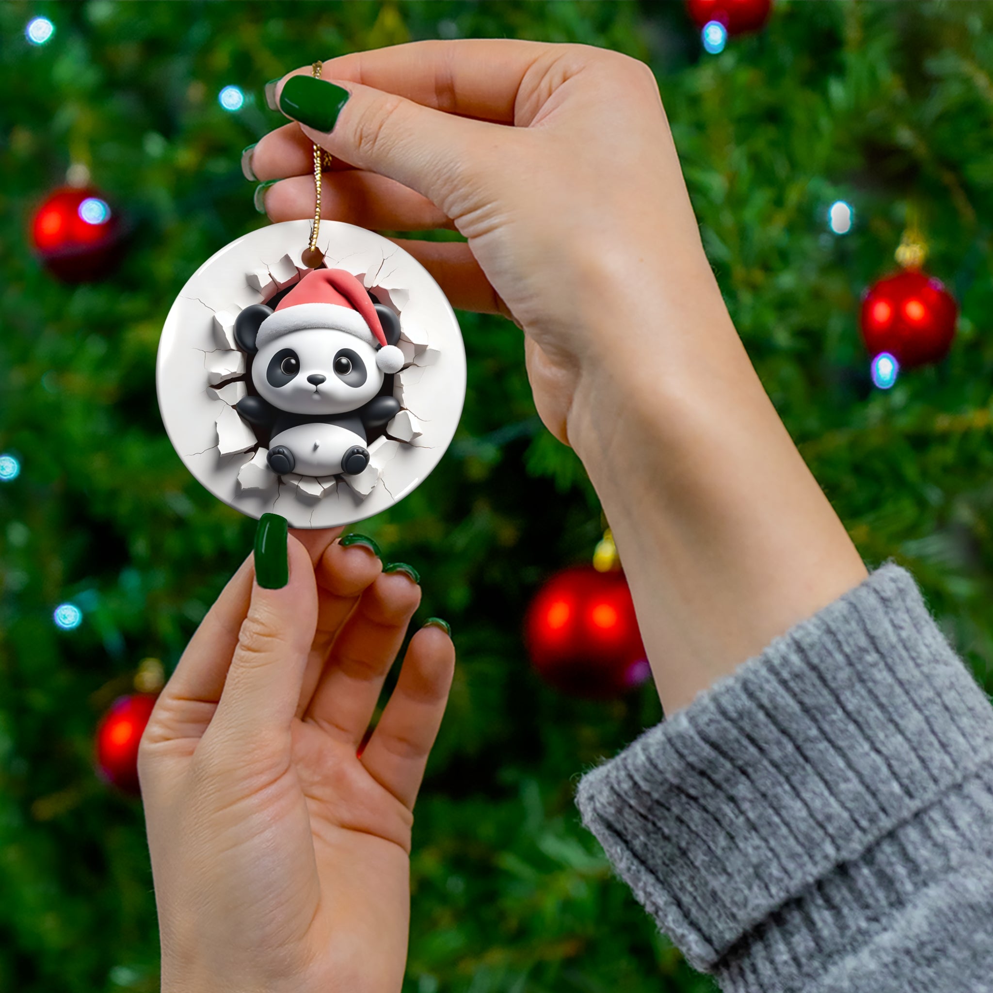 Santa Panda Pop-Out Ceramic Ornament