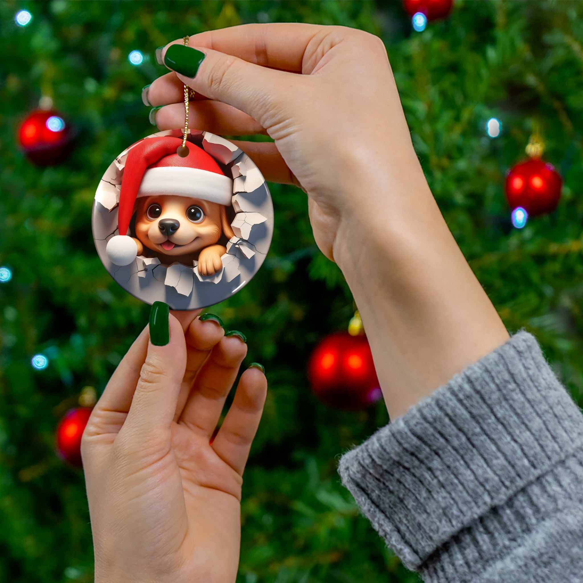 Santa Puppy Peek-a-Boo Ornament