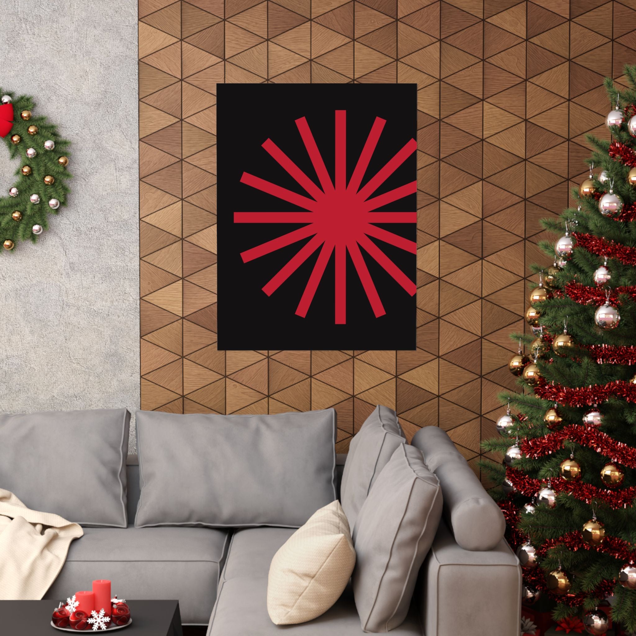 Crimson Sunburst Geometric Art Poster