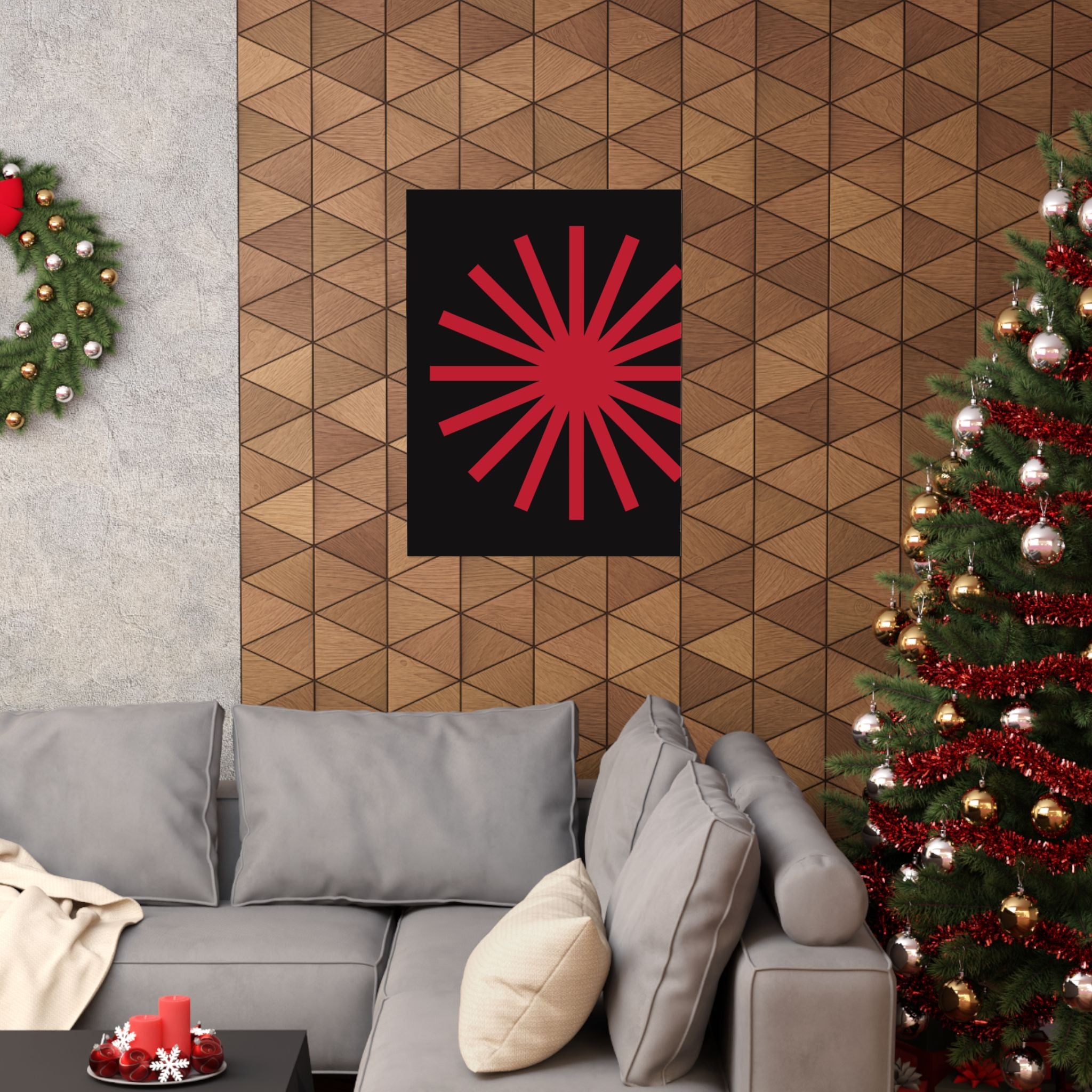 Crimson Sunburst Geometric Art Poster