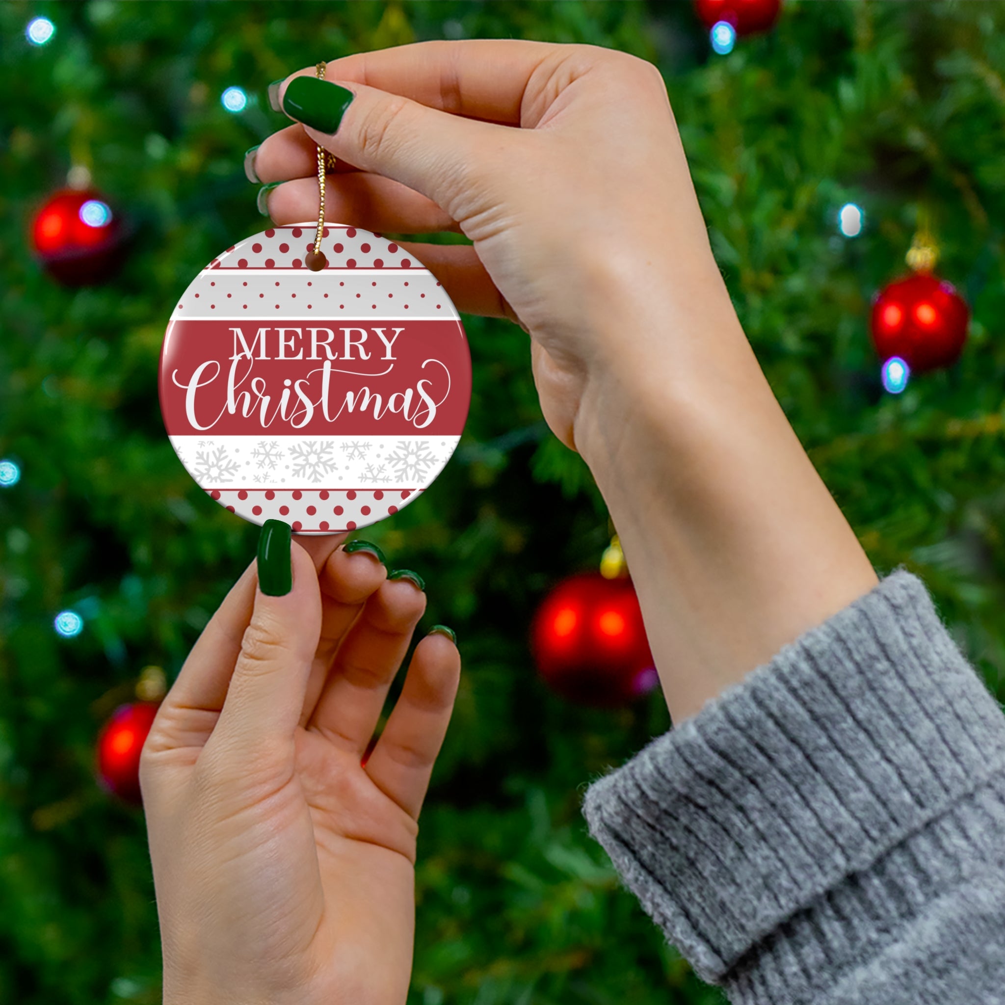 Elegant Red & Gray Merry Christmas Ornament