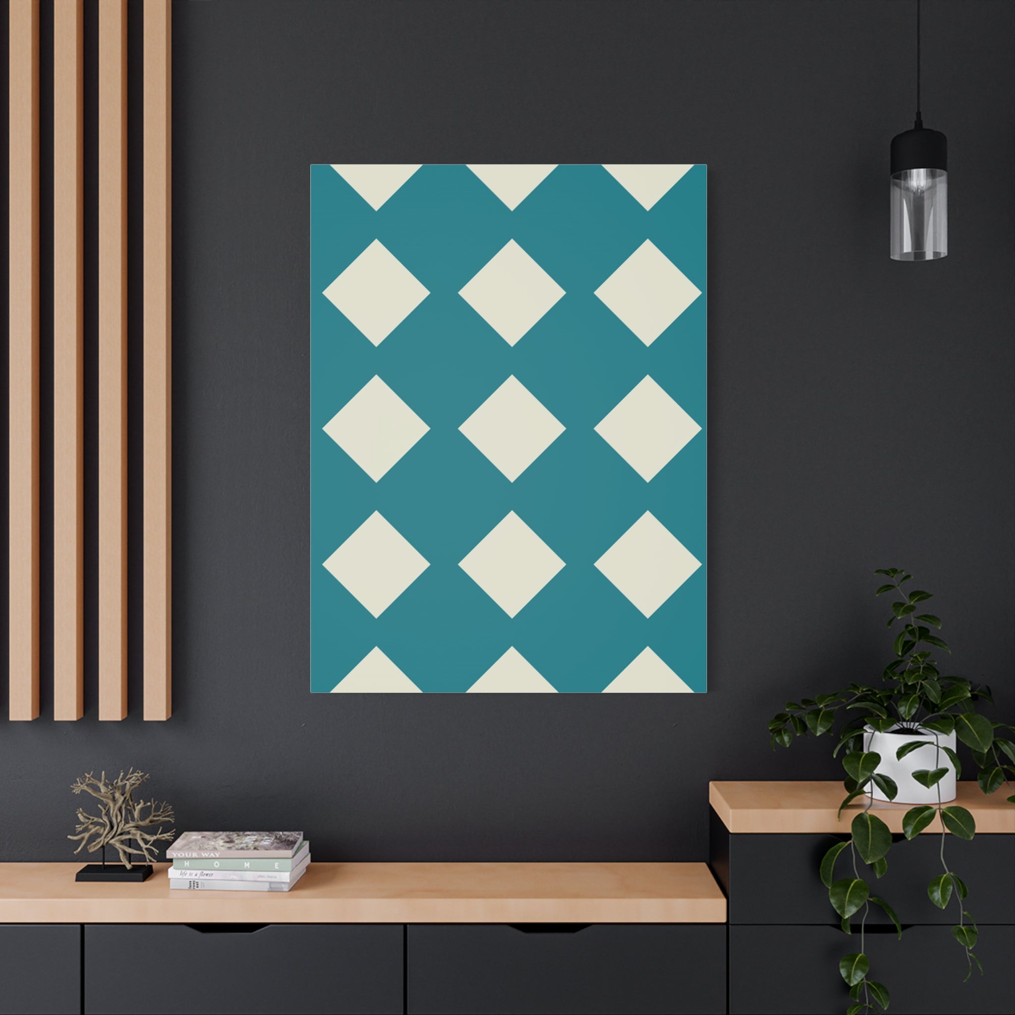 Teal & Cream Diamond Geometric Canvas Art