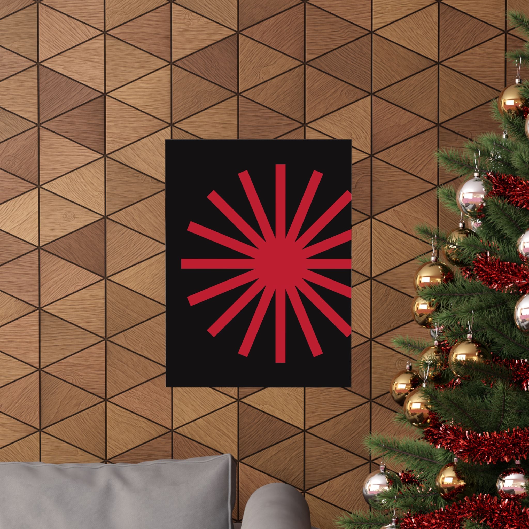 Crimson Sunburst Geometric Art Poster