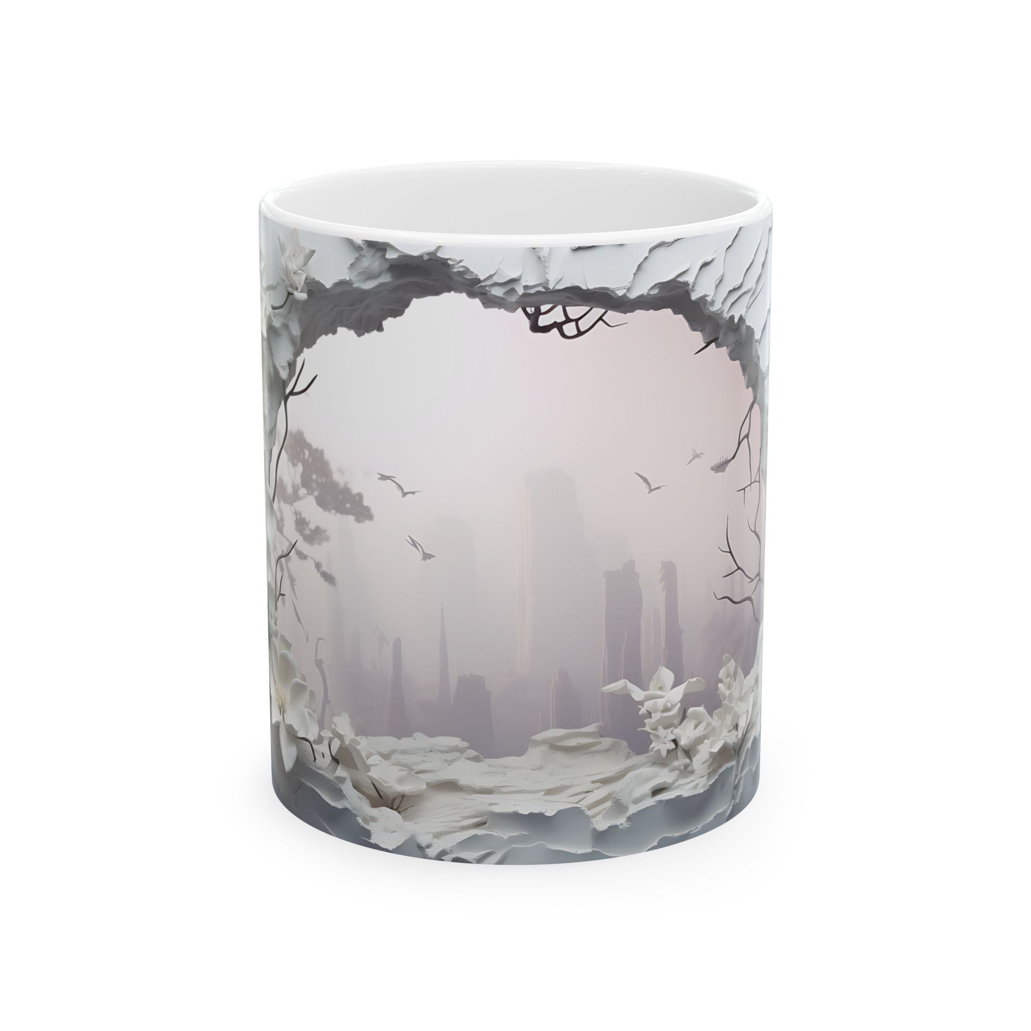 Misty Cityscape Mug: White Floral Art