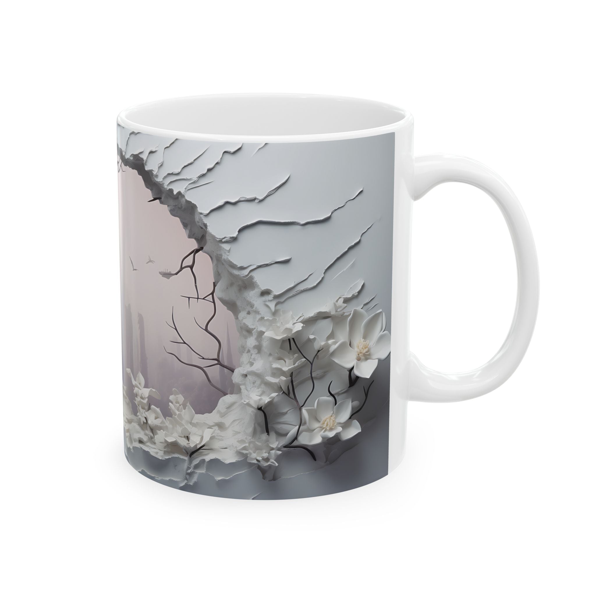 Misty Cityscape Mug: White Floral Art