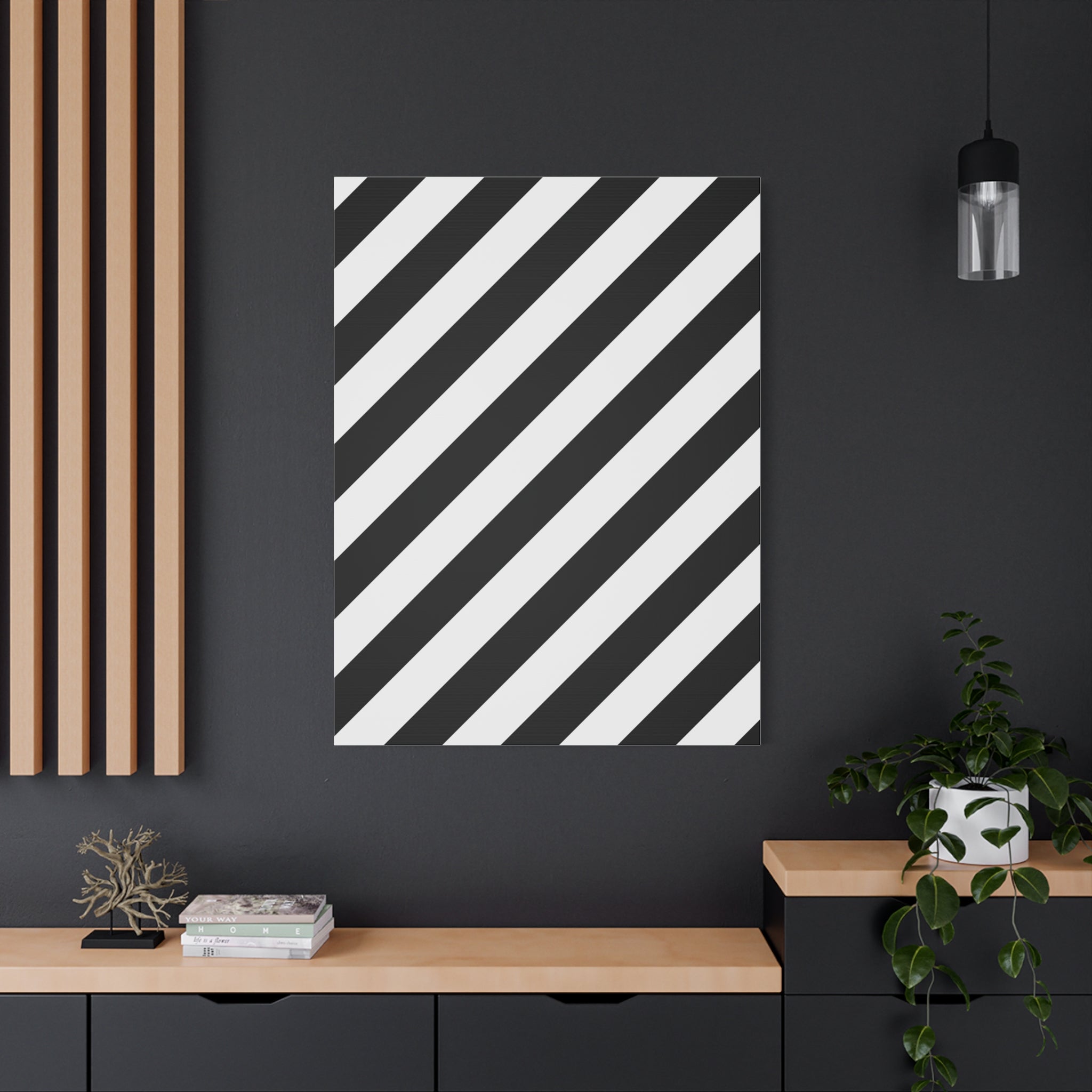 Modern Black & White Diagonal Stripe Canvas Art